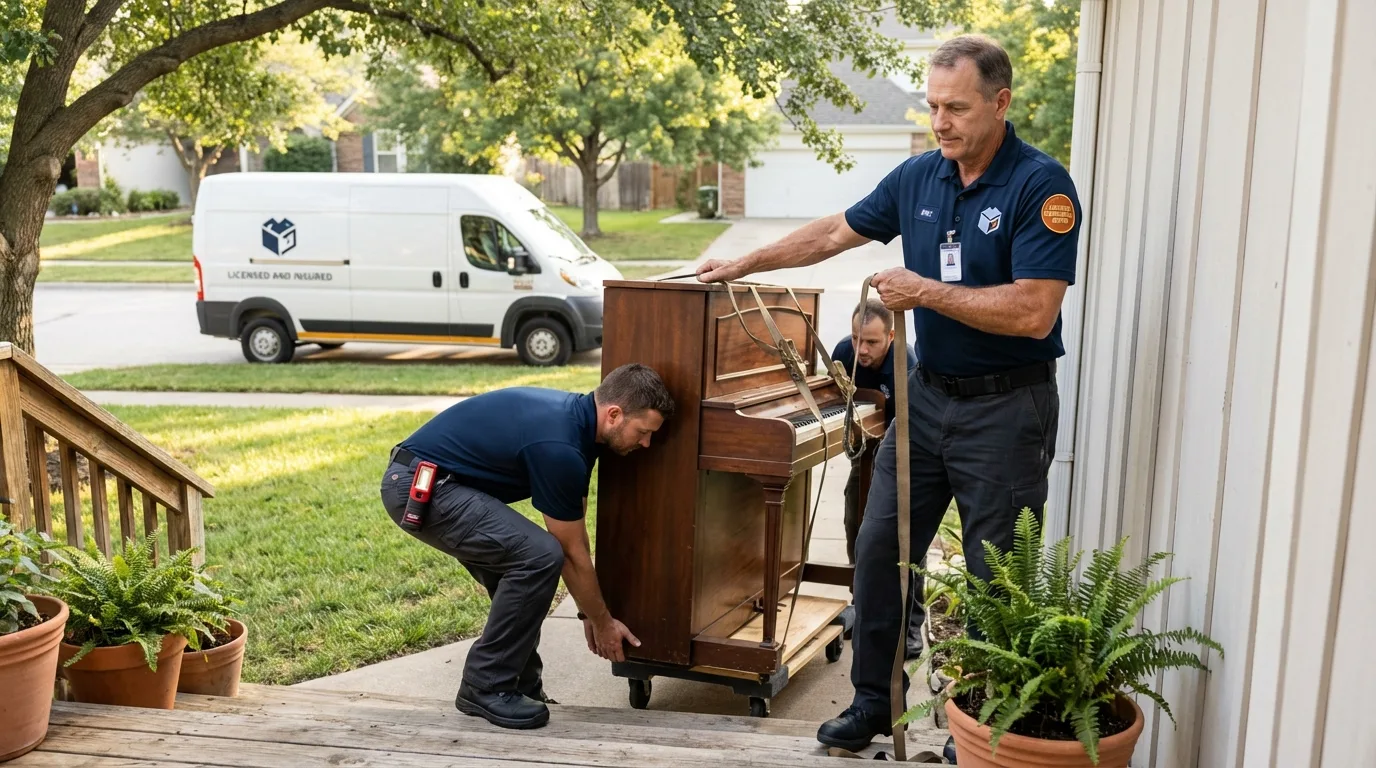 Licensed piano movers securing grand piano in Louisville, CO