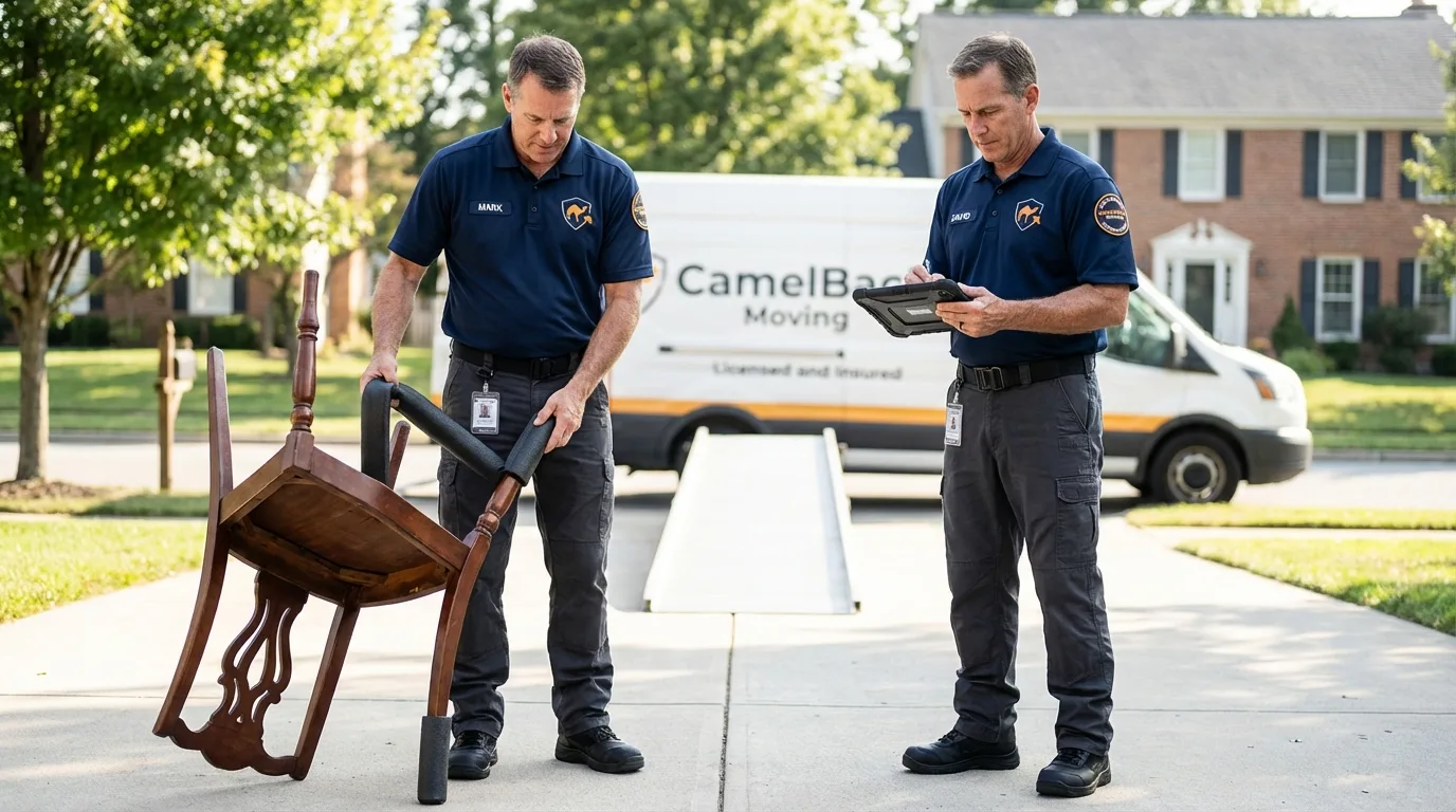 Movers inspecting furniture for damage prevention before loading in Louisville, CO