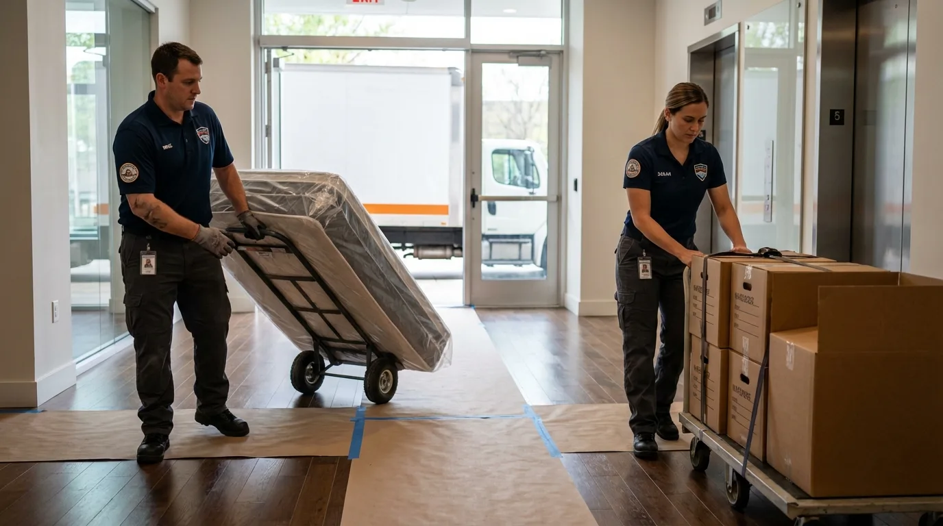 Professional apartment movers loading elevator in Louisville, CO