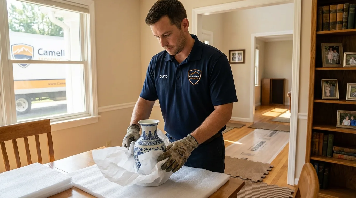 Professional crew carefully wrapping antique vase for senior downsizing move in Louisville, CO